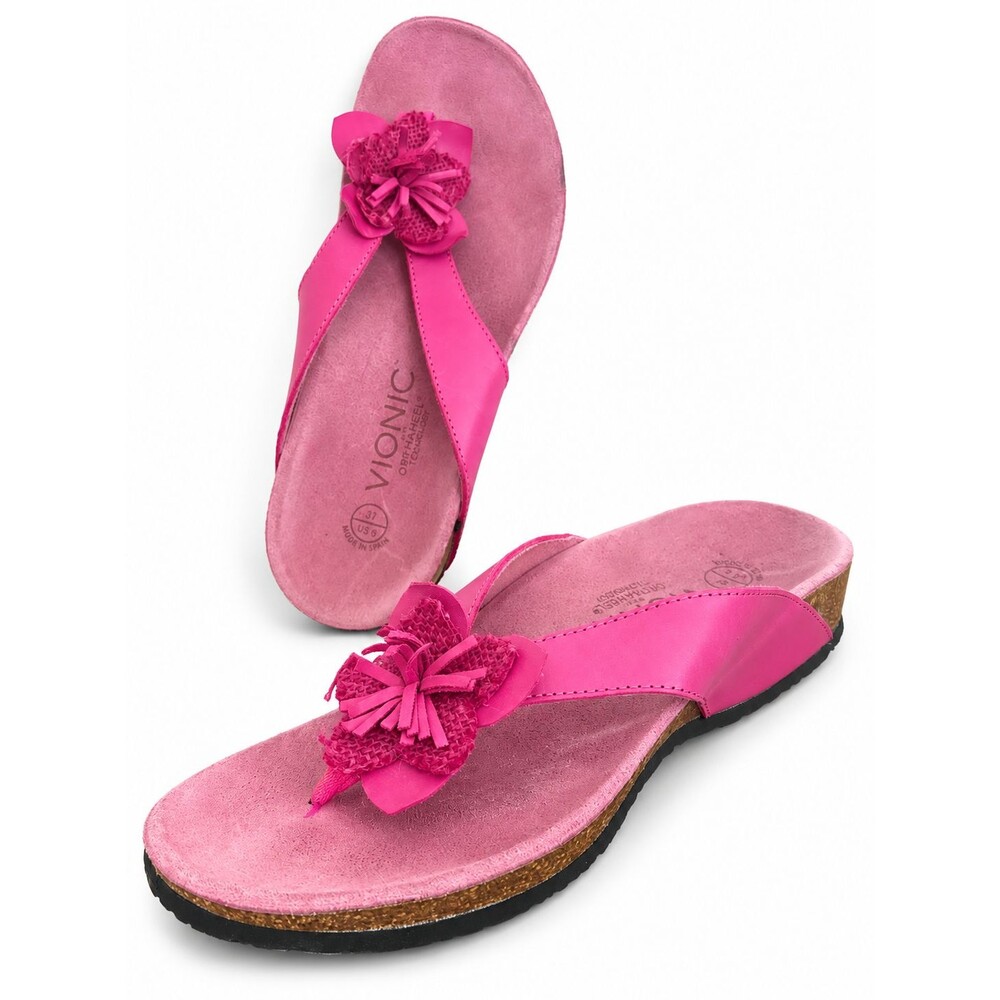 Vionic Pink Leather Thong Sandals Floral Flower Comfort Womens Size 6 EU 37